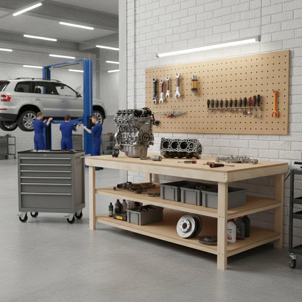 Wooden Workbench MDF Top Depth-4ft With Double Shelf