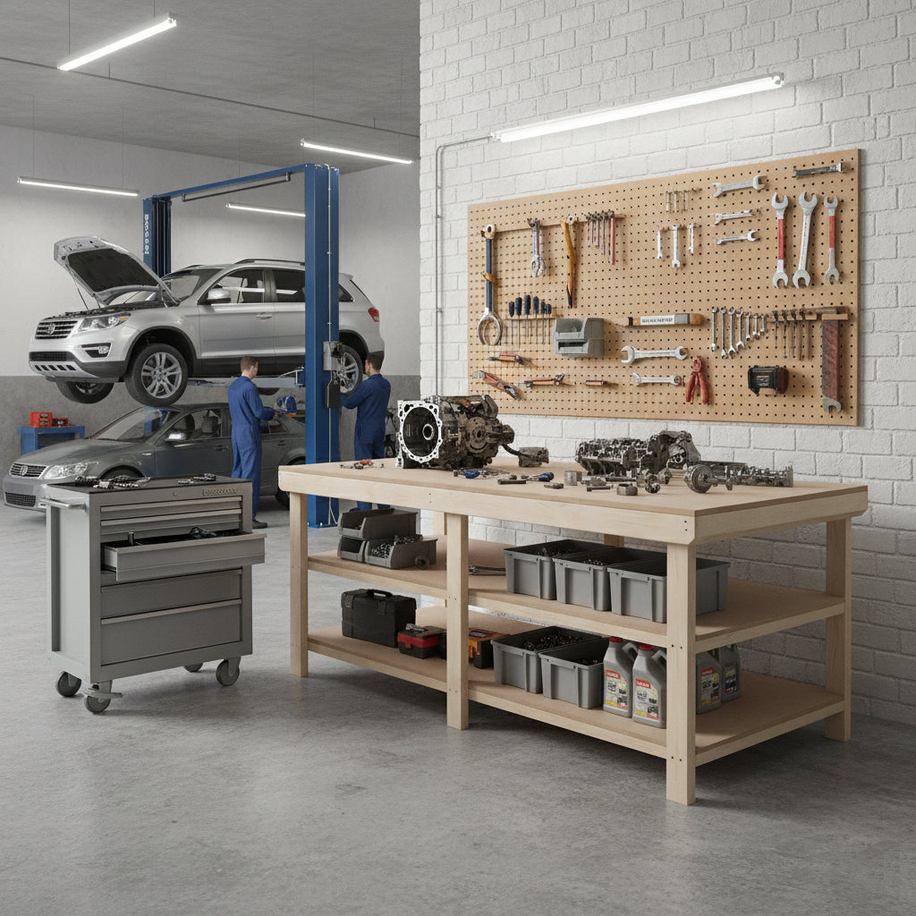 Wooden Workbench MDF Top Depth-4ft With Double Shelf