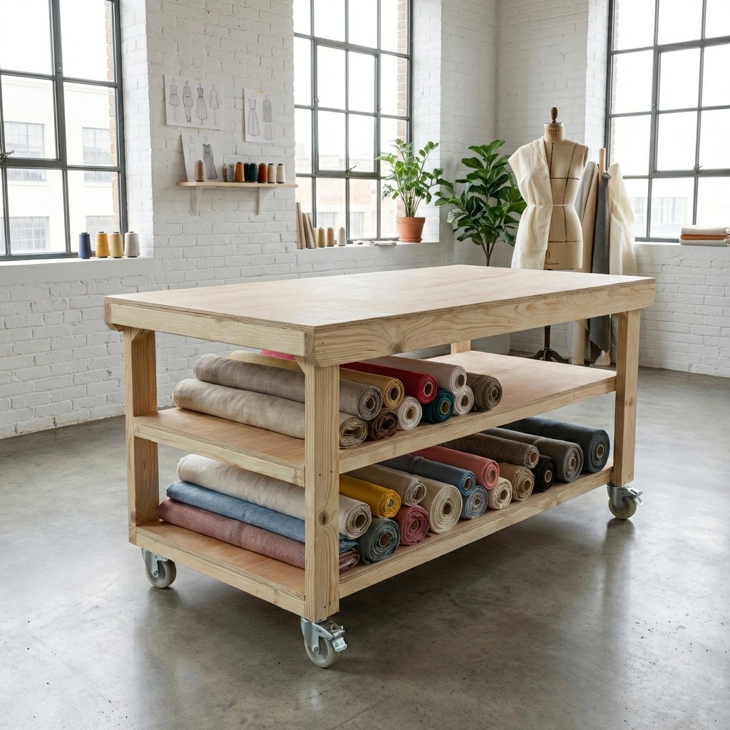 Wooden Workbench Eucalyptus Hardwood Top Depth-3ft Double Shelf and Wheels
