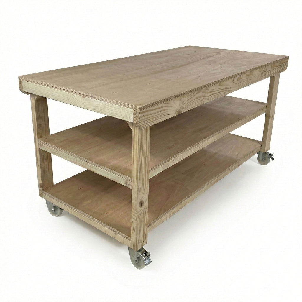 Wooden Workbench Eucalyptus Hardwood Top Depth-3ft Double Shelf and Wheels