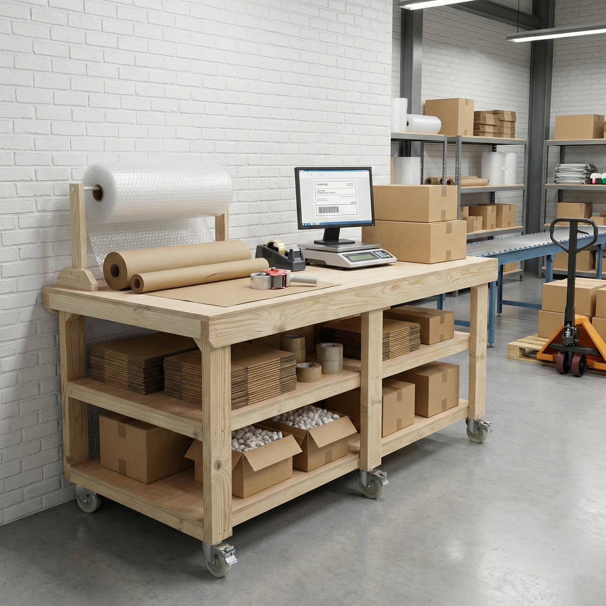 Wooden Workbench Eucalyptus Hardwood Top Depth-3ft Double Shelf and Wheels