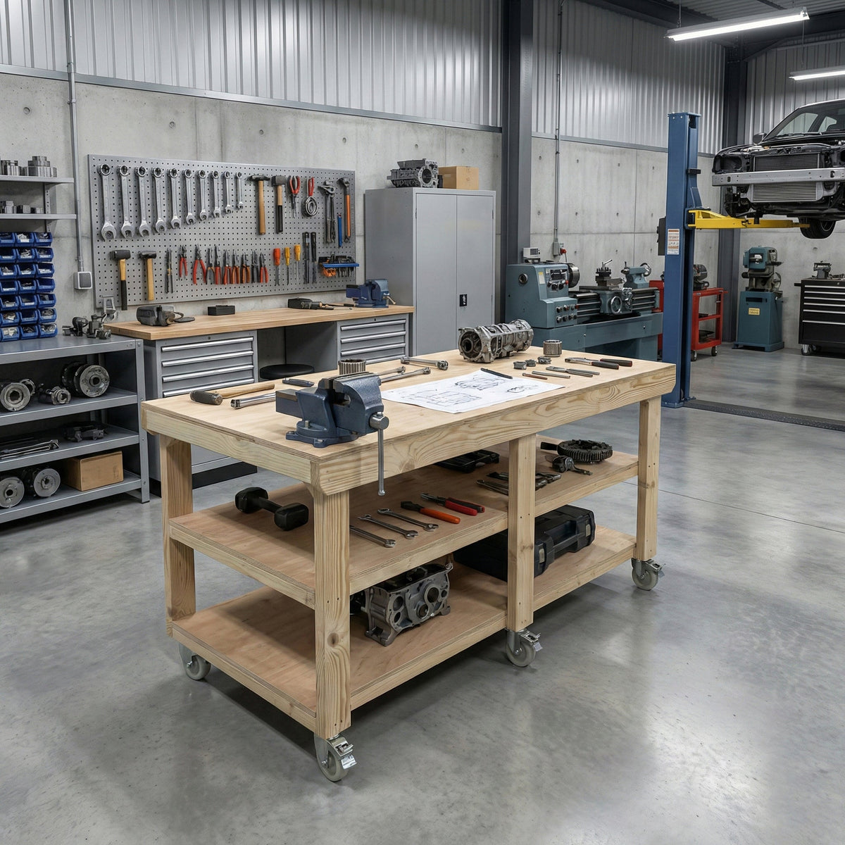 Wooden Workbench Eucalyptus Hardwood Top Depth-3ft Double Shelf and Wheels