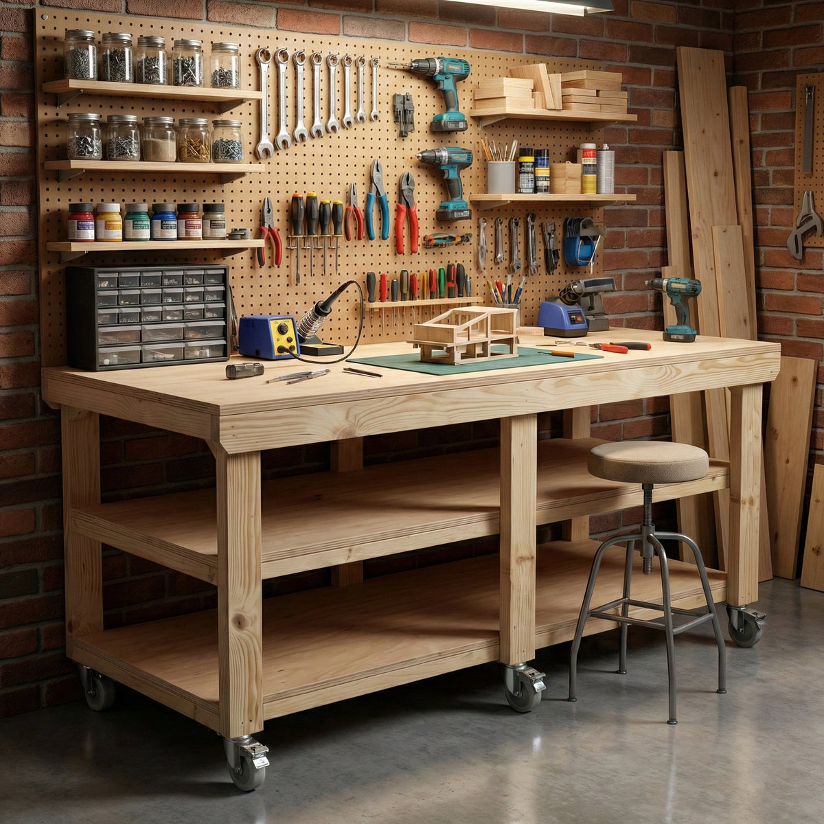 Wooden Workbench Eucalyptus Hardwood Top Depth-3ft Double Shelf and Wheels