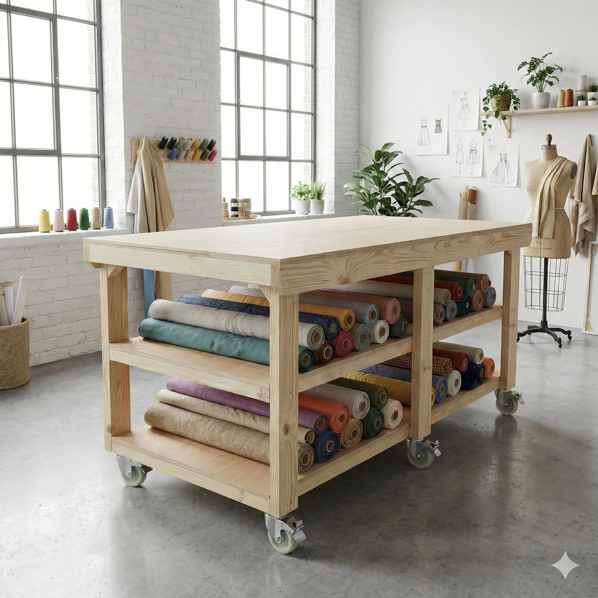Wooden Workbench Eucalyptus Hardwood Top Depth-3ft Double Shelf and Wheels