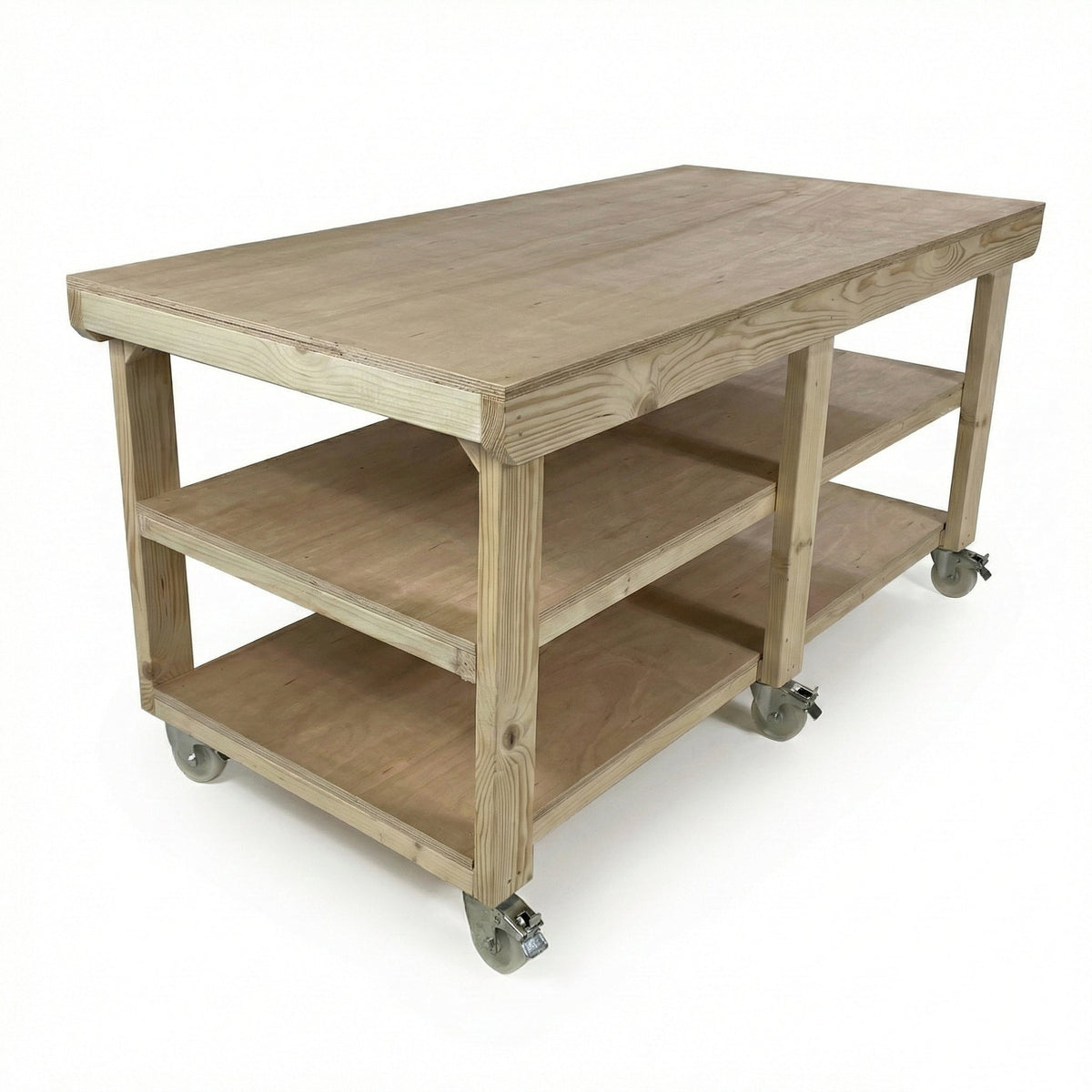 Wooden Workbench Eucalyptus Hardwood Top Depth-3ft Double Shelf and Wheels