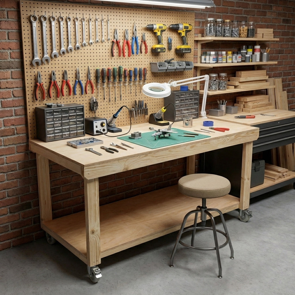 Wooden Workbench Eucalyptus Hardwood Top Depth-3ft with Wheels