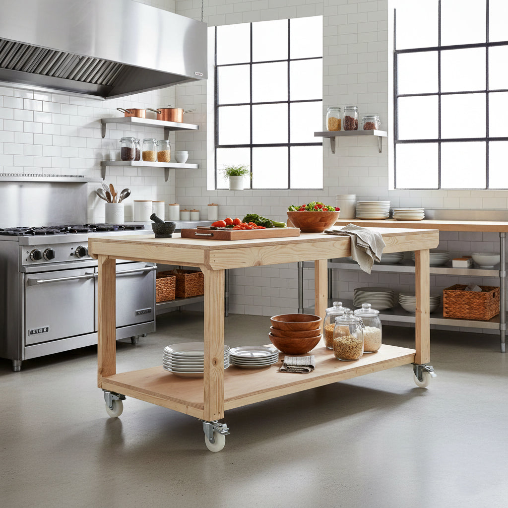 Wooden Workbench Eucalyptus Hardwood Top Depth-3ft with Wheels