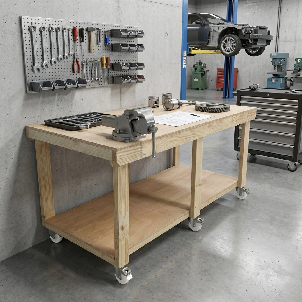 Wooden Workbench Eucalyptus Hardwood Top Depth-3ft with Wheels