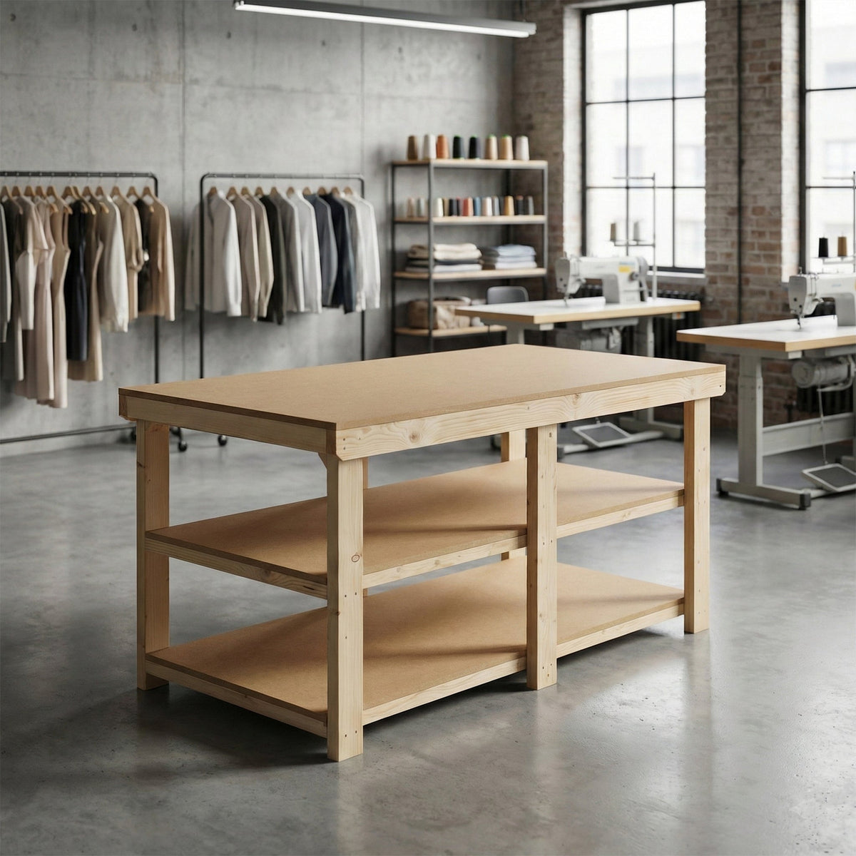 Wooden Workbench MDF Top Depth-3ft With Double Shelf