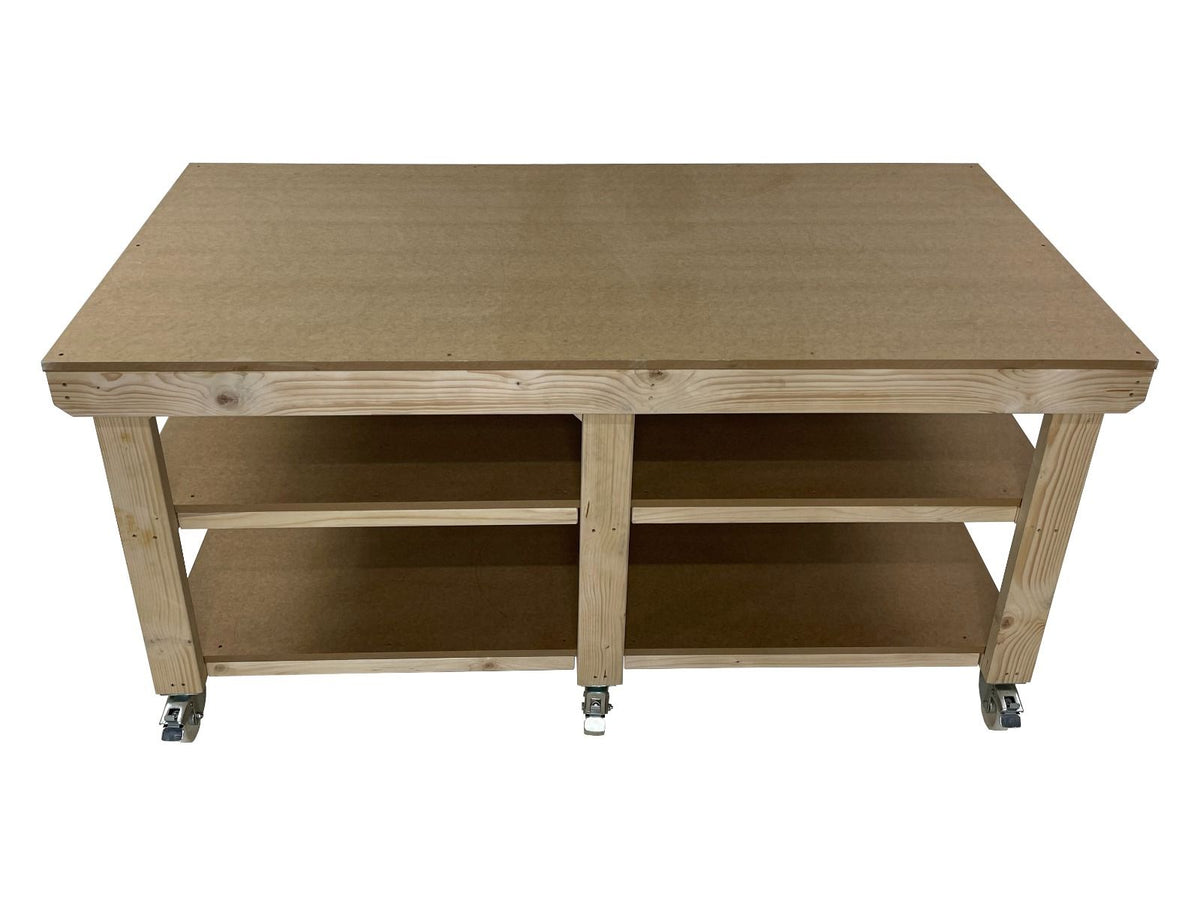 Wooden Workbench MDF Top Depth-3ft With Wheels and Double Shelf