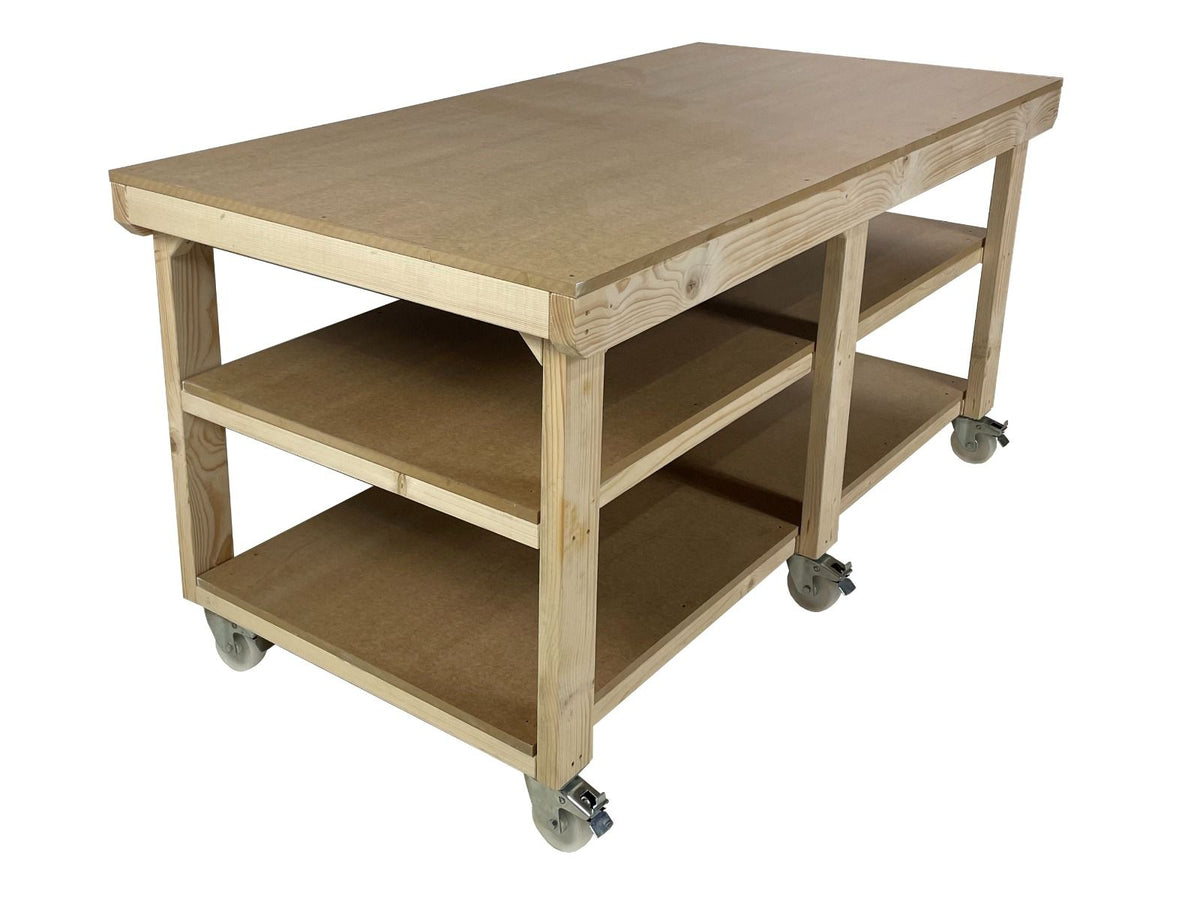 Wooden Workbench MDF Top Depth-3ft With Wheels and Double Shelf