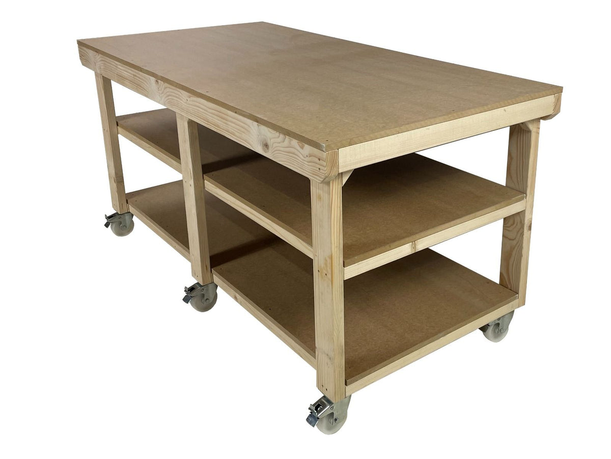 Wooden Workbench MDF Top Depth-3ft With Wheels and Double Shelf