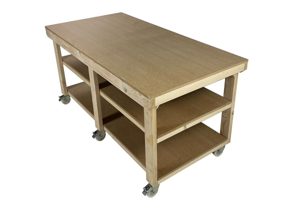 Wooden Workbench MDF Top Depth-3ft With Wheels and Double Shelf