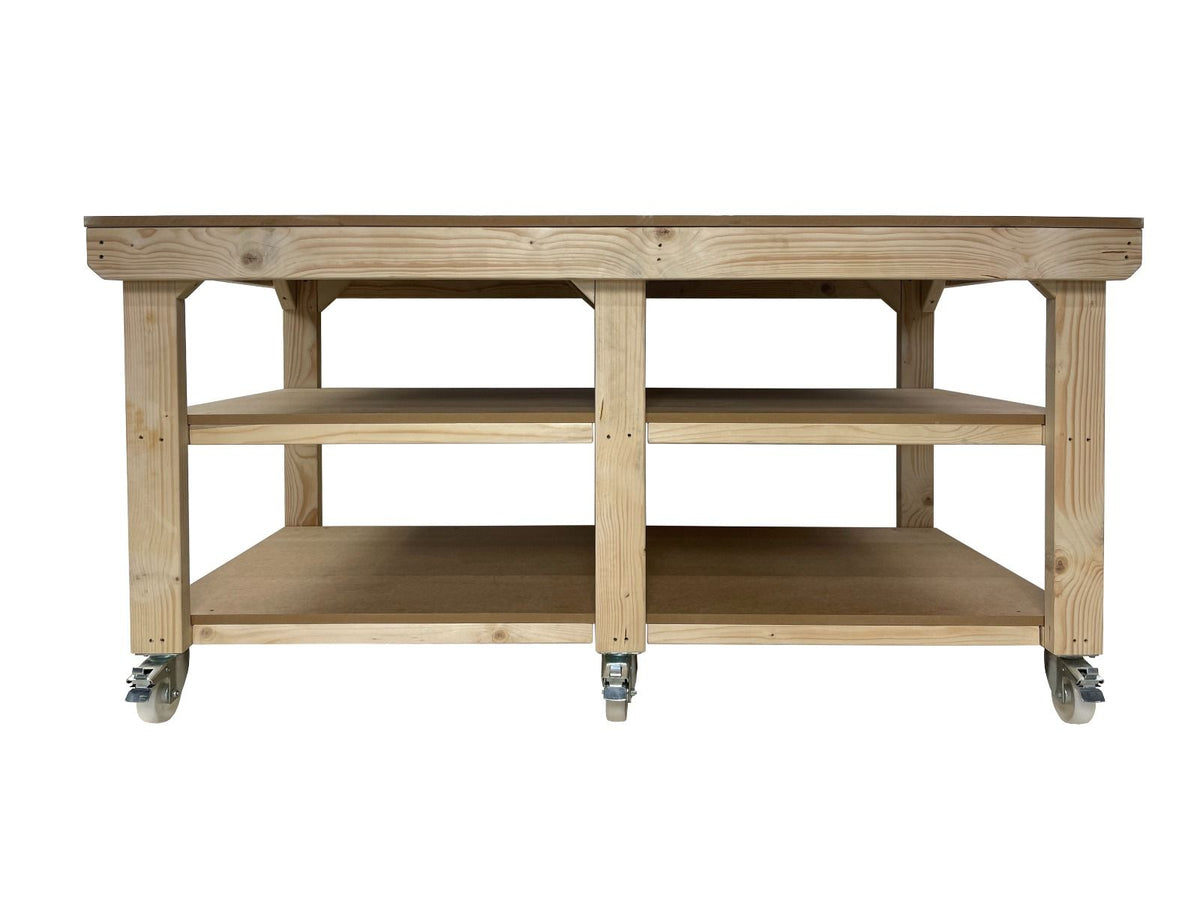 Wooden Workbench MDF Top Depth-3ft With Wheels and Double Shelf
