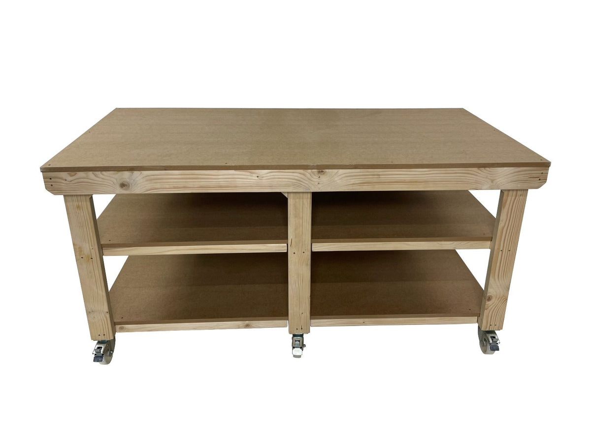 Wooden Workbench MDF Top Depth-3ft With Wheels and Double Shelf