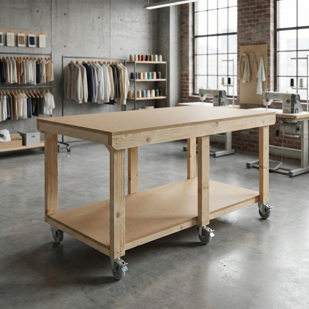 Wooden Workbench MDF Top Depth-3ft With Wheels