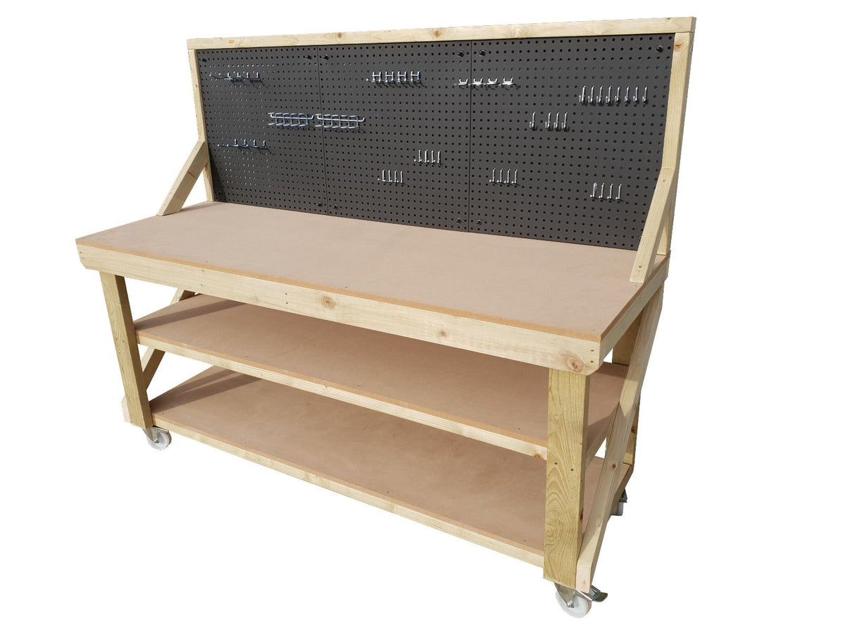 Wooden Workbench 18mm MDF Top With Peg Board and Double Shelf