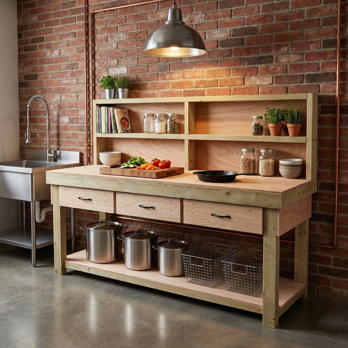 Wooden Eucalyptus hardwood workbench, tool cabinet with drawer (V.1) with back