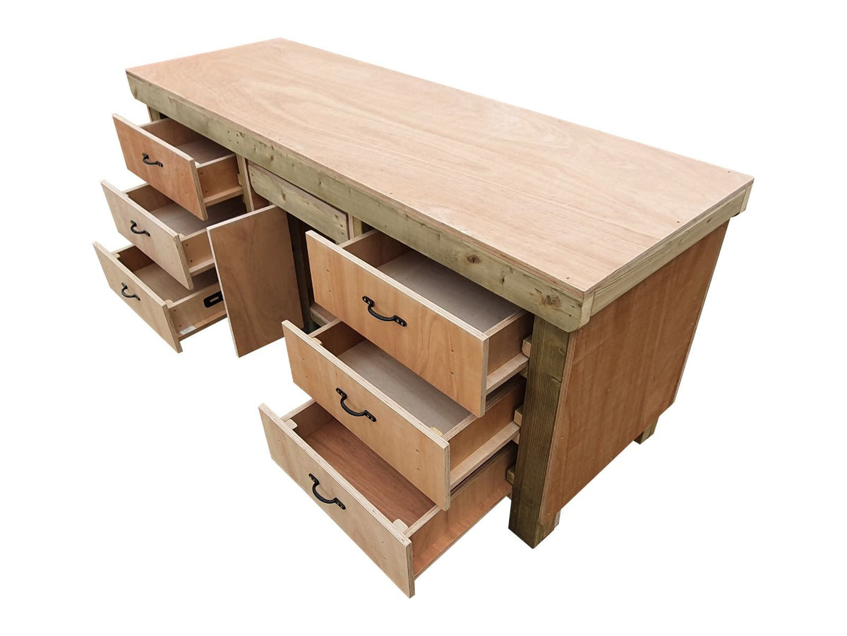 Wooden Eucalyptus hardwood top workbench with drawers and functional lockable cupboard (V.5)