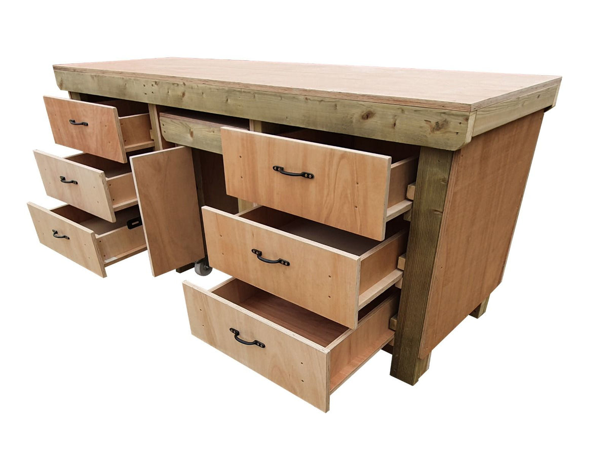 Wooden Eucalyptus hardwood top workbench with drawers and functional lockable cupboard (V.5)