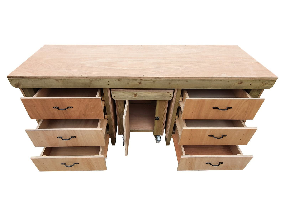 Wooden Eucalyptus hardwood top workbench with drawers and functional lockable cupboard (V.5)