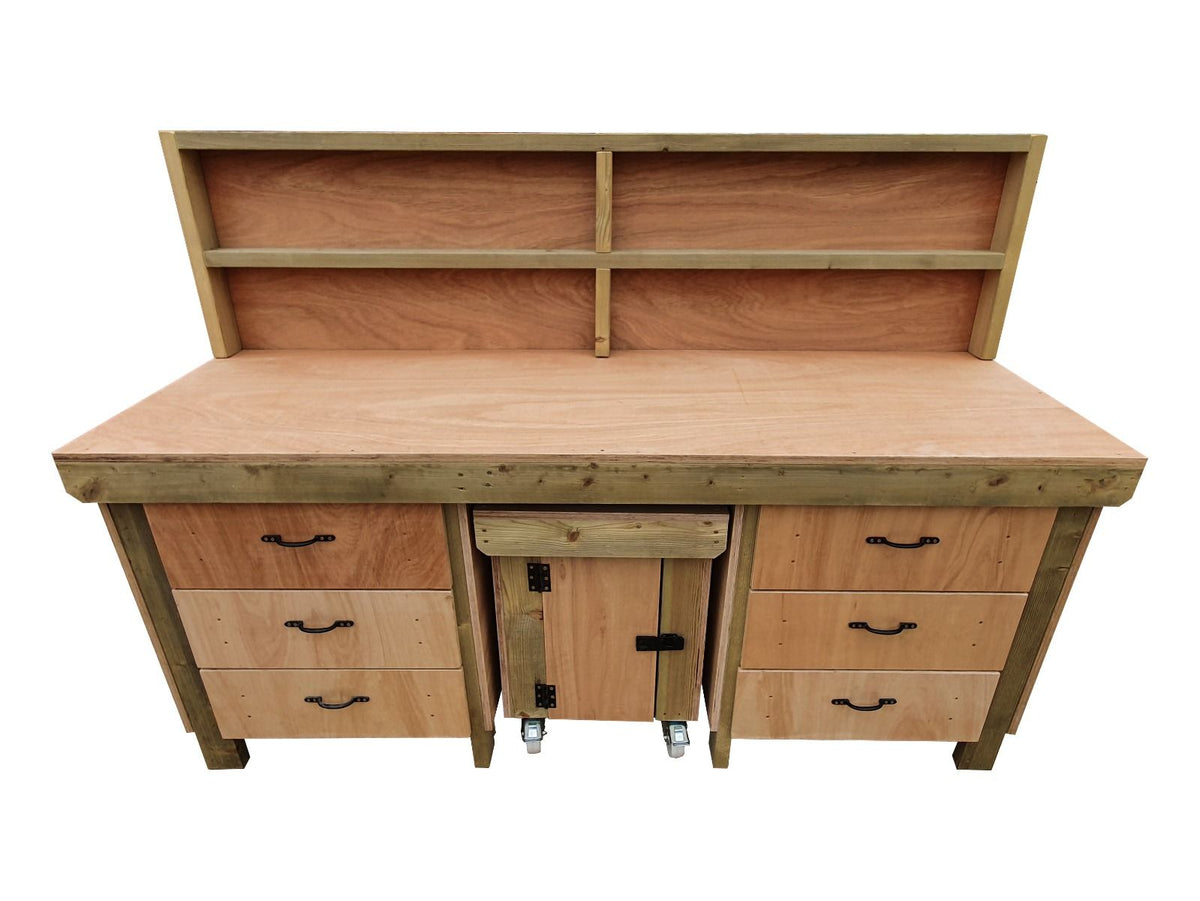 Wooden Eucalyptus hardwood top workbench with drawers and functional lockable cupboard (V.5) with back