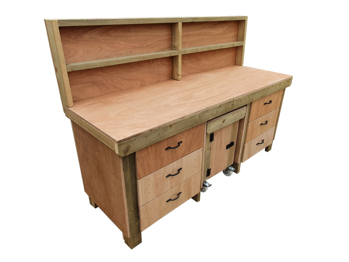 Wooden Eucalyptus hardwood top workbench with drawers and functional lockable cupboard (V.5) with back