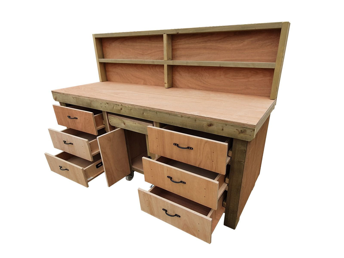 Wooden Eucalyptus hardwood top workbench with drawers and functional lockable cupboard (V.5) with back