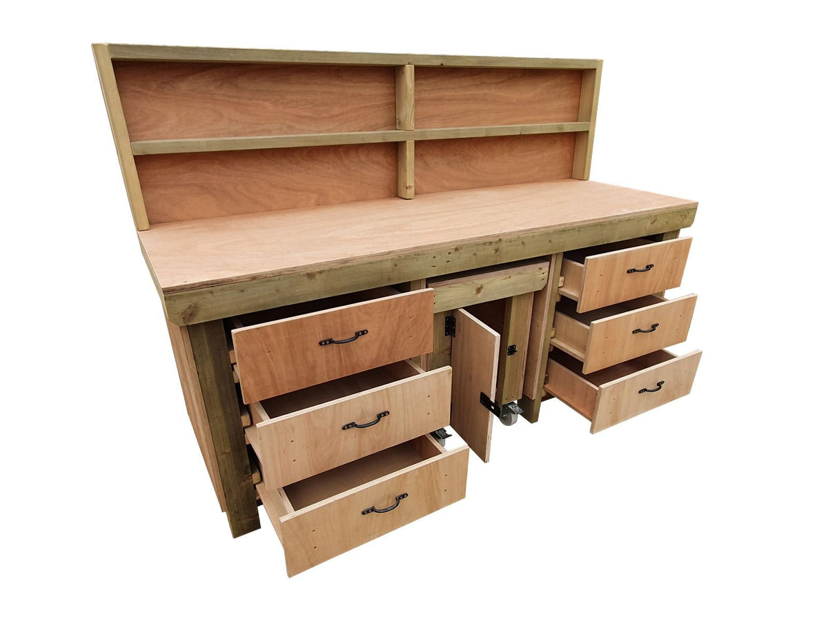 Wooden Eucalyptus hardwood top workbench with drawers and functional lockable cupboard (V.5) with back