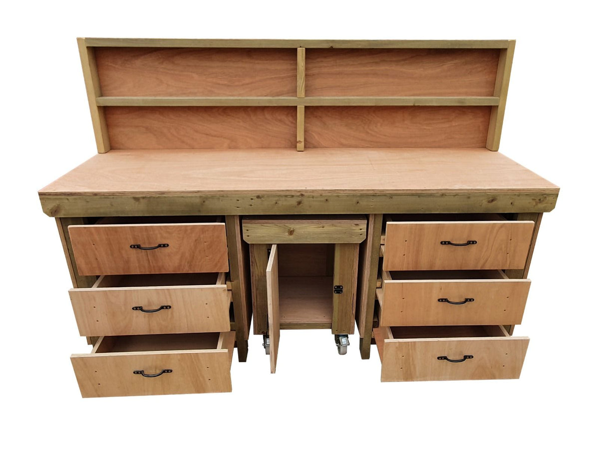 Wooden Eucalyptus hardwood top workbench with drawers and functional lockable cupboard (V.5) with back