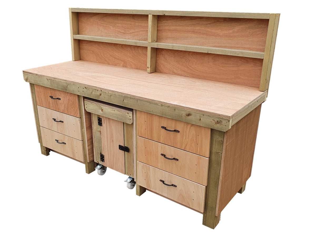 Wooden Eucalyptus hardwood top workbench with drawers and functional lockable cupboard (V.5) with back