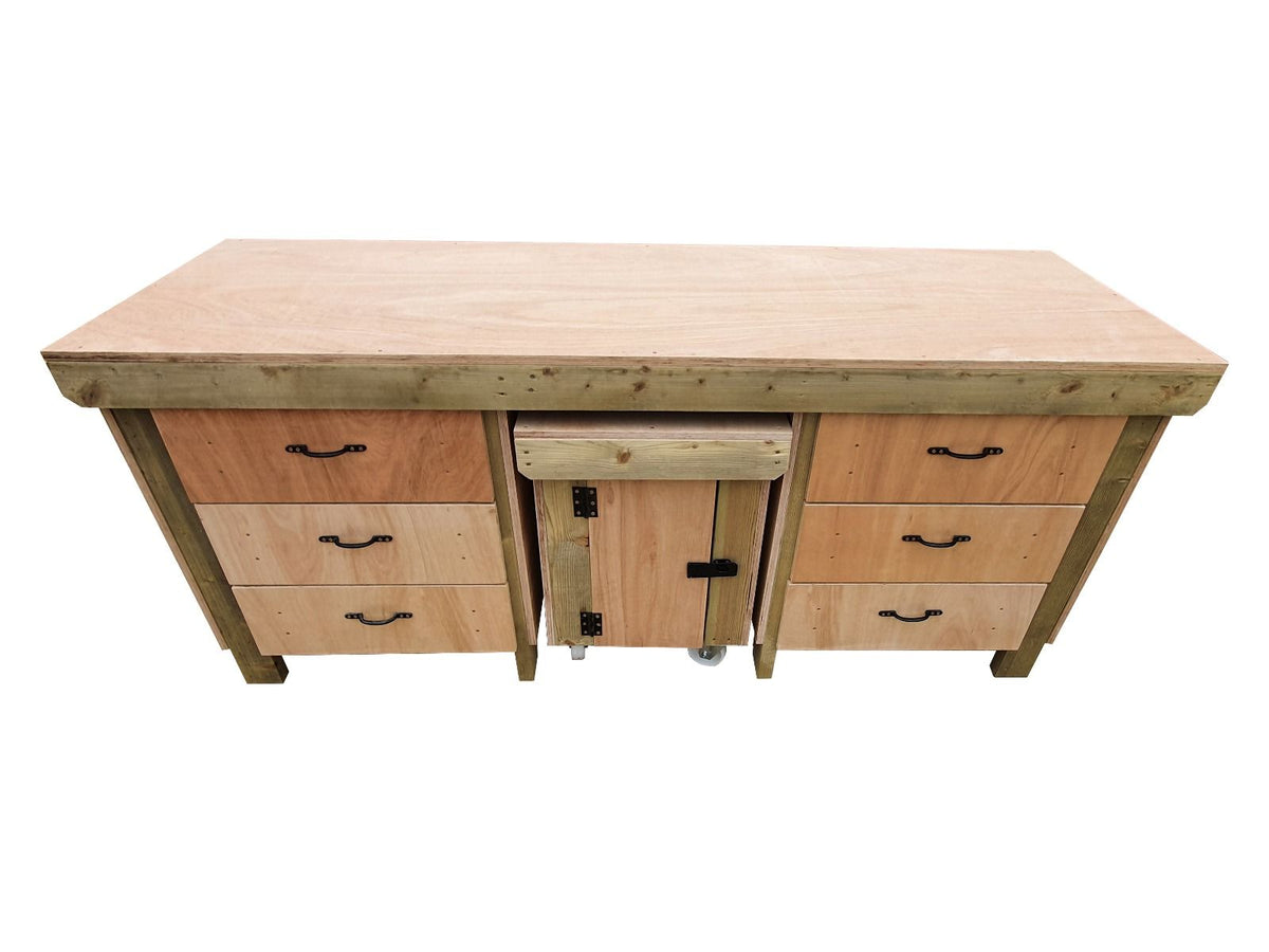 Wooden Eucalyptus hardwood top workbench with drawers and functional lockable cupboard (V.5)