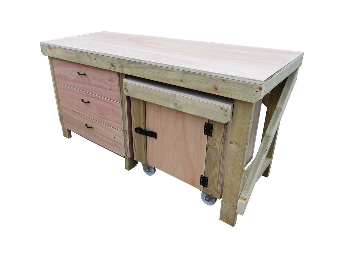 Wooden Eucalyptus hardwood top workbench with drawers and functional lockable cupboard (V.6)