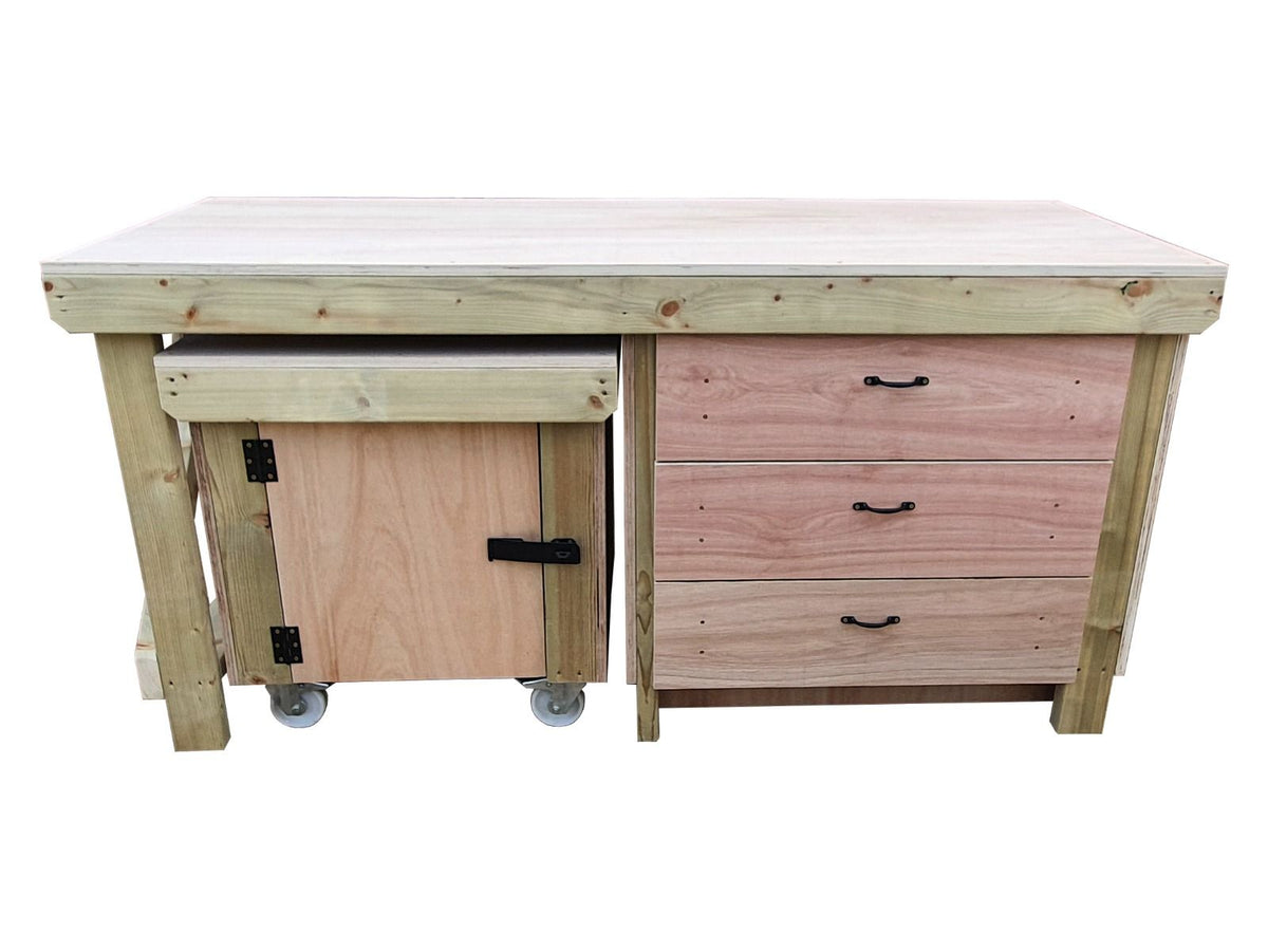 Wooden Eucalyptus hardwood top workbench with drawers and functional lockable cupboard (V.6)