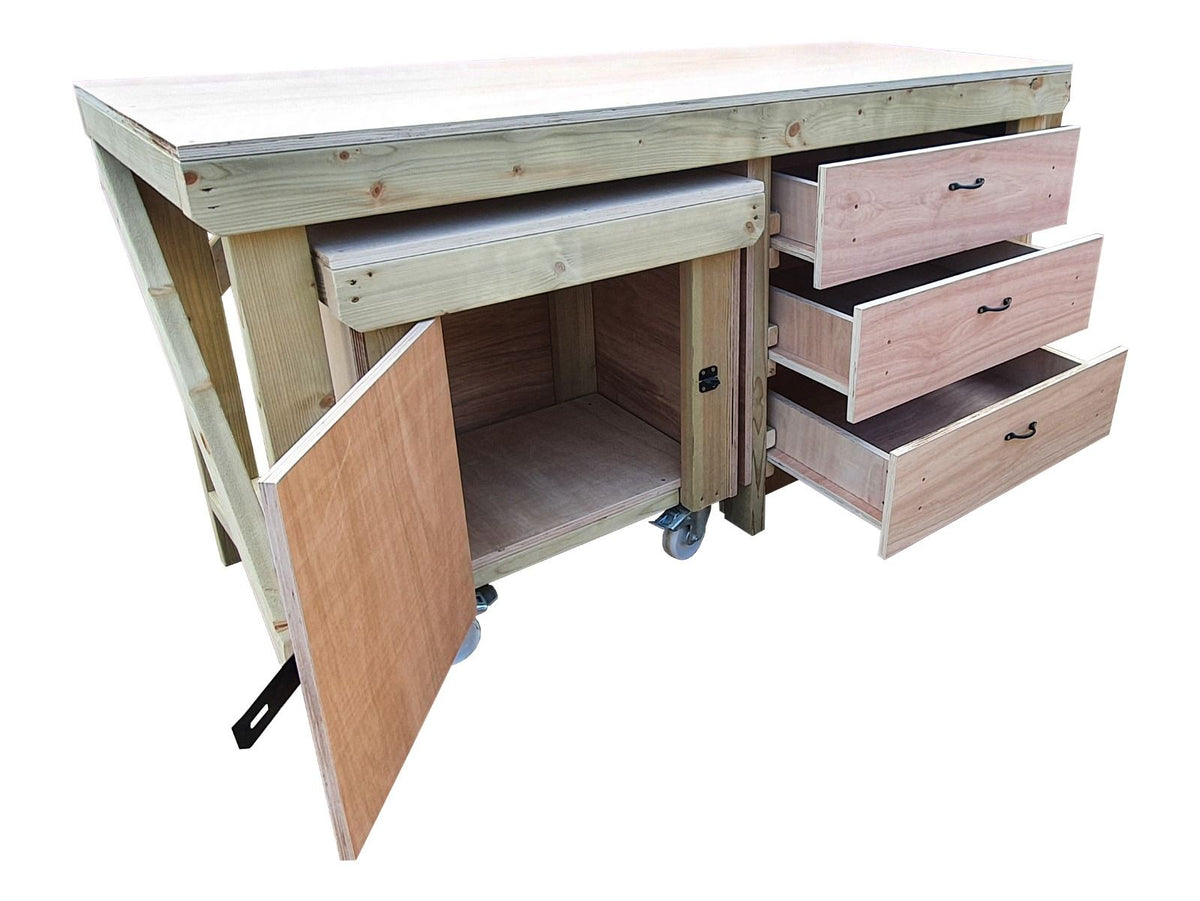 Wooden Eucalyptus hardwood top workbench with drawers and functional lockable cupboard (V.6)