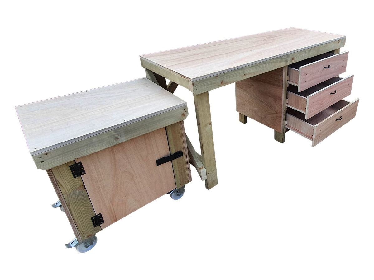 Wooden Eucalyptus hardwood top workbench with drawers and functional lockable cupboard (V.6)