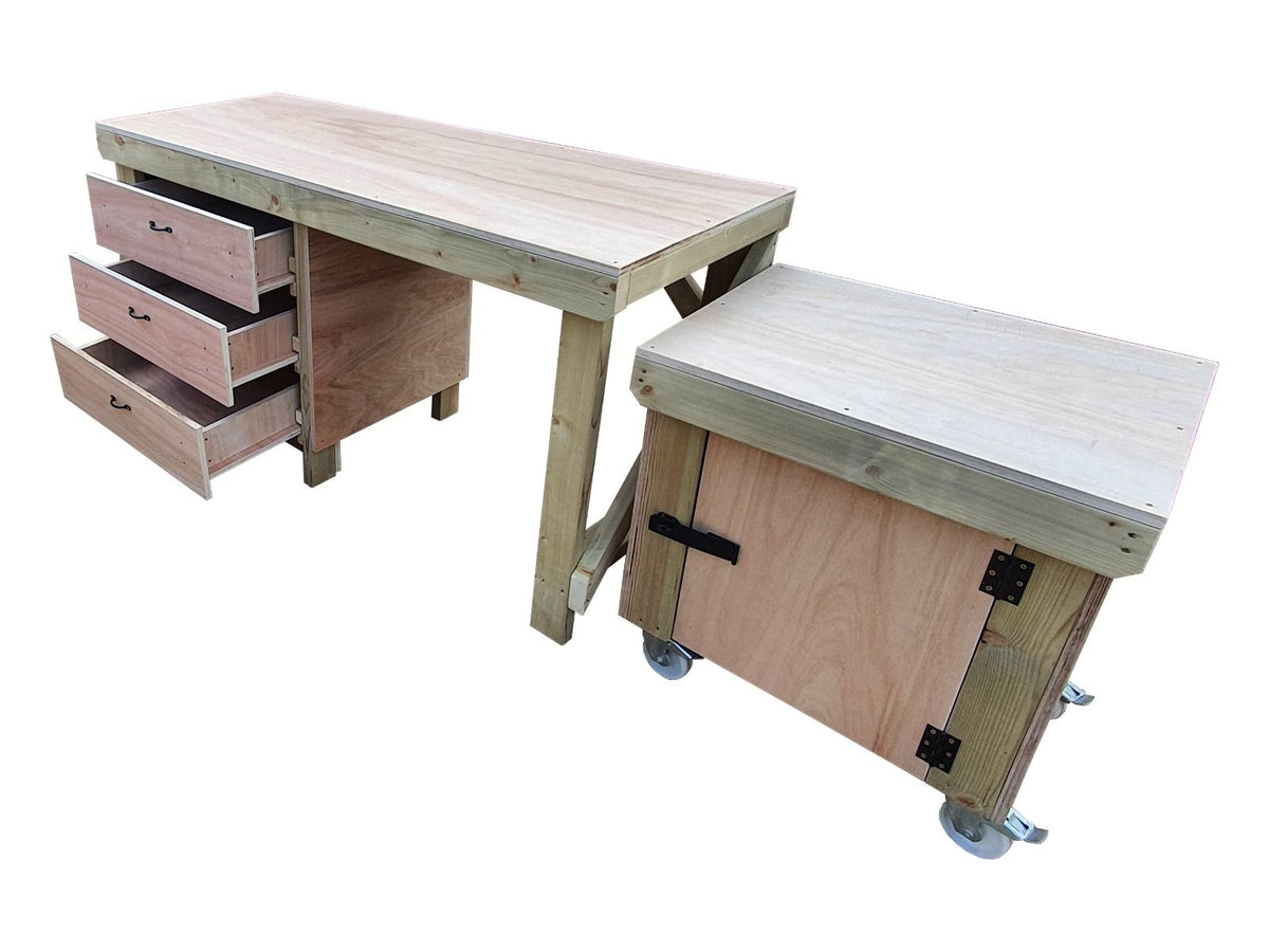 Wooden Eucalyptus hardwood top workbench with drawers and functional lockable cupboard (V.6)